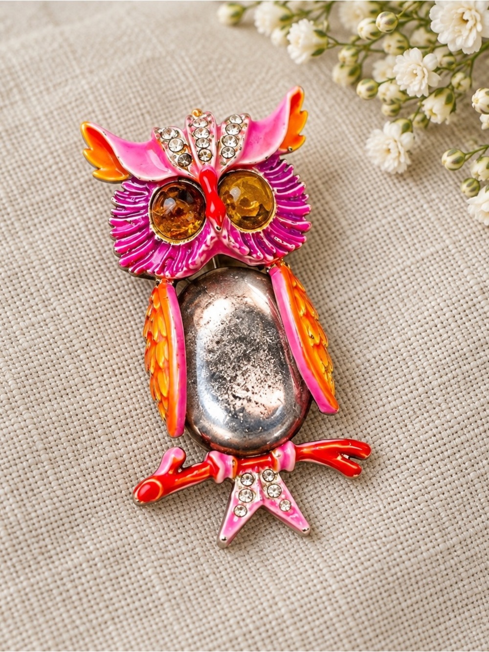 Vintage Signed Arthur Pepper Neon Pink & Orange Jelly Belly Owl Brooch
